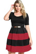Burgundy Stripes Detail Belted Plus Size Skater Dress